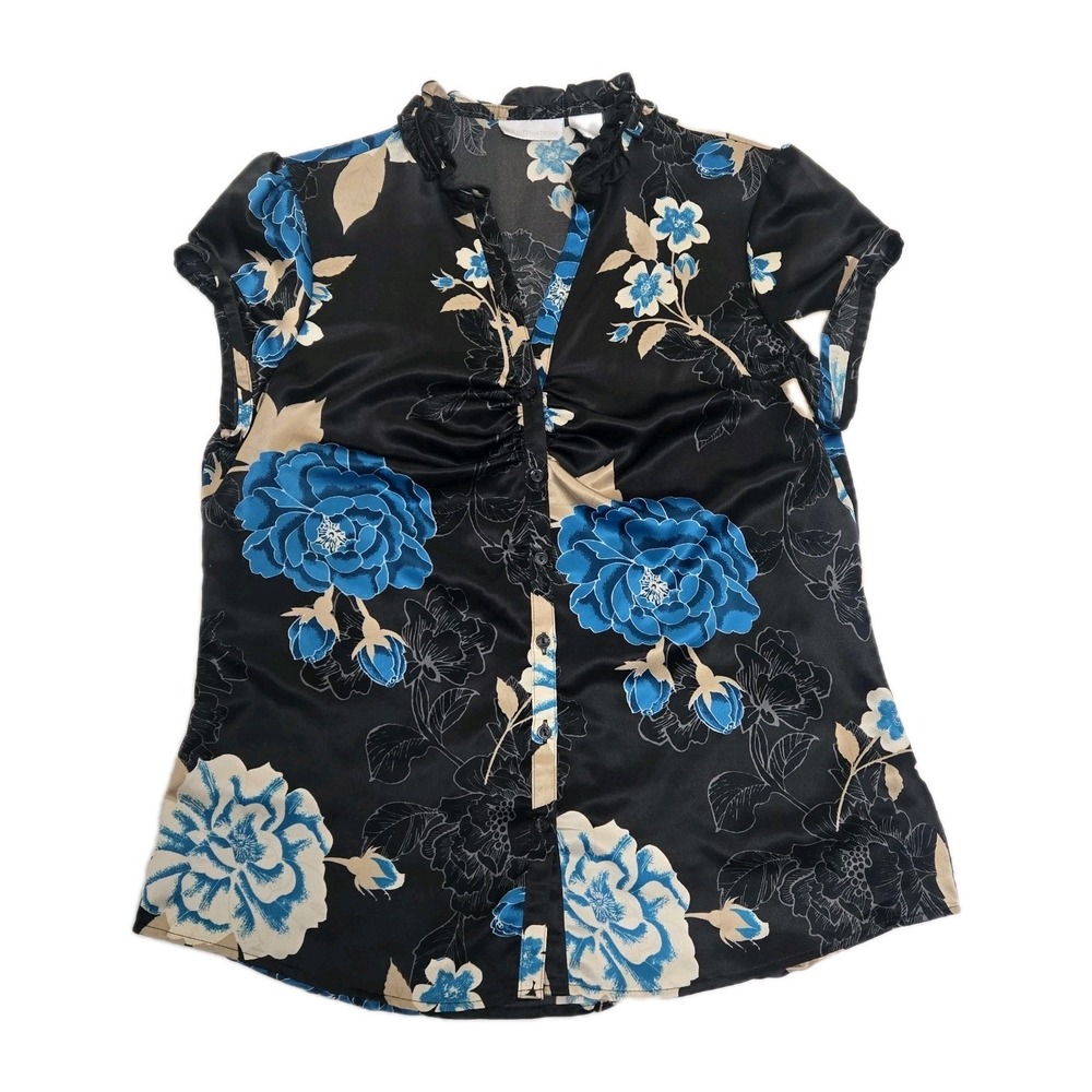 Worthington Womens Black Blue Floral Satin Ruffle Neck Button Front Blouse Sz 12